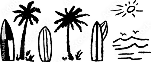 Silhouette of palm trees and surfboards in hand-drawn style. Black outline art depicting a beach and ocean in a vector illustration set.