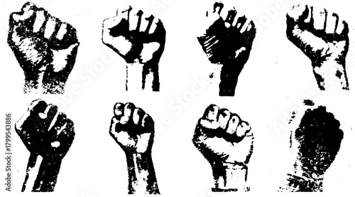 Fist symbolizing power and unity. Black and white illustration featuring strong hand graphics in a simple vector style set for visual impact.