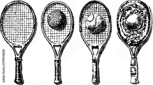 Tennis rackets with balls in a hand-drawn style. Vintage monochrome vector illustration of sports equipment in a set.