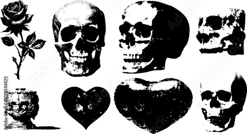 Skull, rose, and heart motifs in vintage style. Detailed line drawing vector illustration in a distinct set.