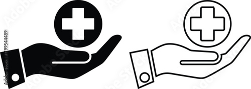 Healthcare support glyph icon with hands holding a heart and medical cross symbol. Healthcare, first aid, and medicine icon.