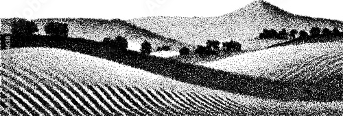 Black and white landscape vector illustration featuring hills and texture patterns. Simple and smooth set of artwork depicting natural scenery.
