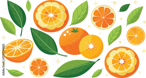 Assortment Of Oranges Lemons And Green Leaves With Sparkles Keywords: orange, lemon, citrus, fruit, slice, whole, half, leaf, green, food, fresh