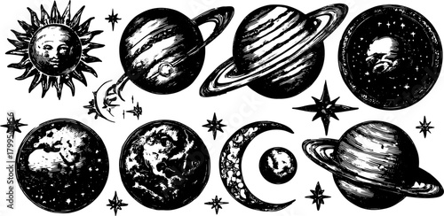 Vintage space illustration featuring the sun, planets, and moon. Celestial elements in a cohesive vector set for artistic designs.