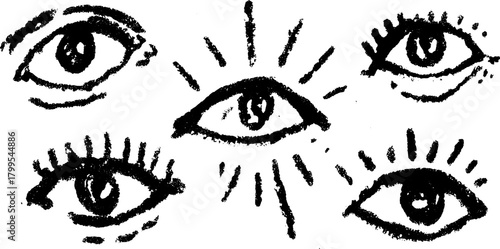 Illustration of multiple eyes in a simple drawn style. A black and white vector set showcasing various shapes and designs emphasizing vision.