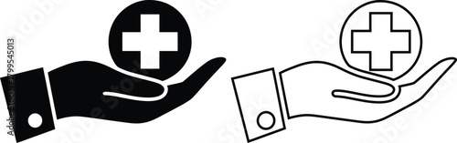 Healthcare support glyph icon with hands holding a heart and medical cross symbol. Healthcare, first aid, and medicine icon.
