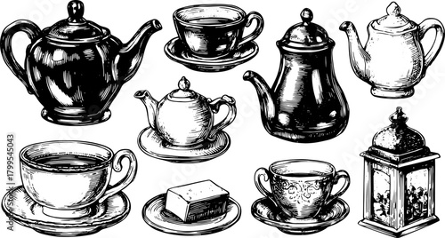 Vintage teapot and cups set illustration in black and white. Hand-drawn vector art of kitchen drinkware and tableware.