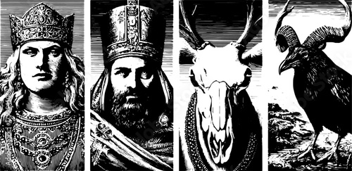 Illustration of royalty and animals featuring a king, queen, deer skull, and raven. A classic black and white vector illustration set.