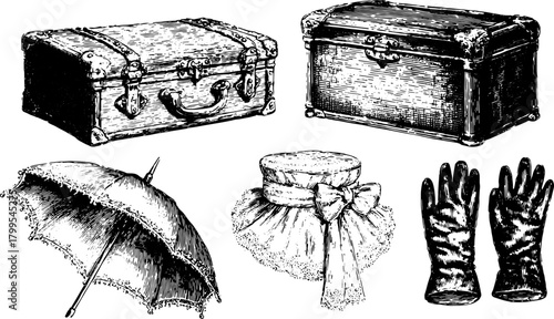 Vintage trunks and accessories illustrated in a set, including an umbrella, hat, and gloves. Detailed vector illustration in a classic style.