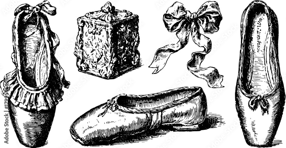 Obraz premium Ballet shoes in classic style with vintage illustration. Elegant details represented in this vector illustration set.