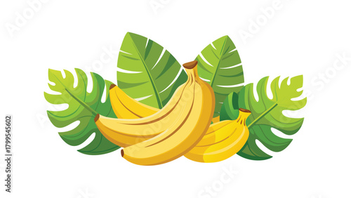 Bunch of ripe yellow bananas with green tropical leaves on white background fruit