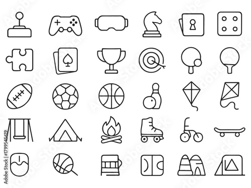 PlayGrid Outline Pack – 30 Minimal Game & Recreation Icons, Clean Vector Line UI Set