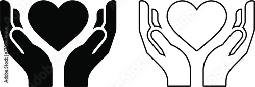 Heart in hand icons set. Caring hands holding heart icon. Love, Support, Health and Protection Symbol Flat Vector.
