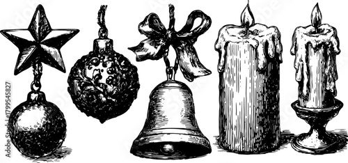 Antique engravings featuring decorative elements: a star, bell, ornaments, and candles in vintage style. This vector illustration showcases classic holiday decor.