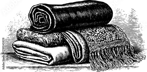 Vintage blankets in an elegant, hand-drawn style. Set of warm, cozy fabric illustrations designed as a vector print.