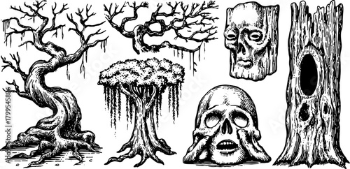 Vintage silhouette illustration of trees and skulls in a hand-drawn style. This black and white vector set features intricate details and unique aesthetics.