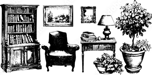 Vintage furniture set including a chair, bookshelf, table, and plant. Hand-drawn vector illustration in black outline with detailed design.