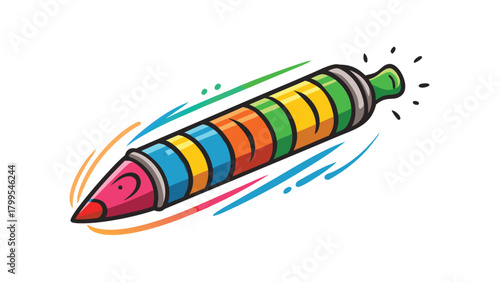 Colorful cartoon crayon with motion lines on white background colored pencil drawing