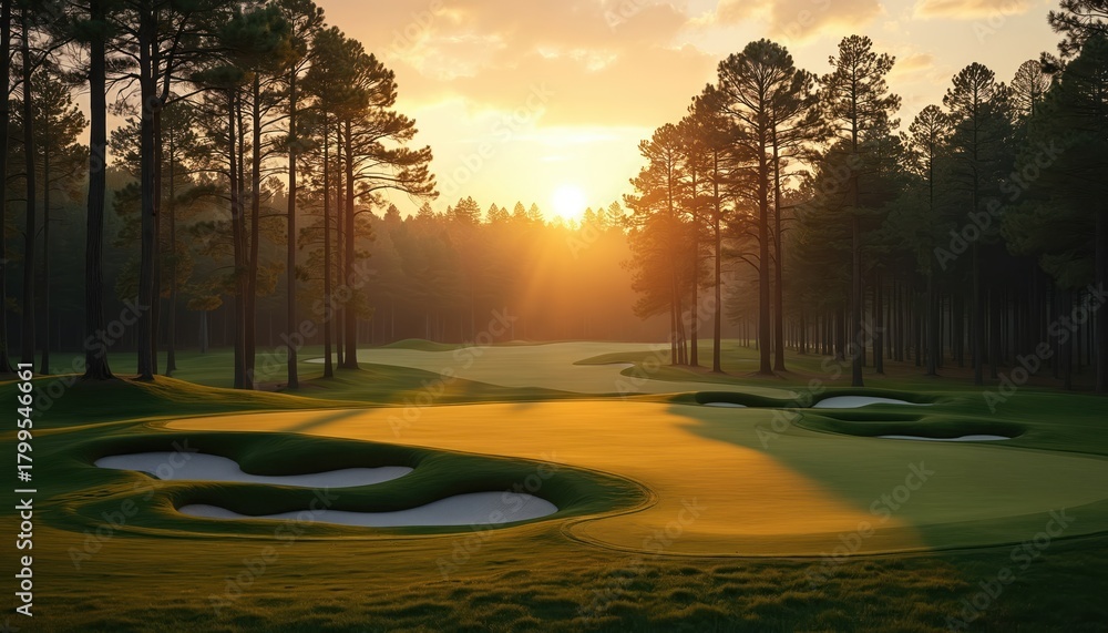 Obraz premium Golden sun shines across golf course at twilight. Tall pine trees frame beautiful scene. Fairways, greens glow with warm light. Smooth sand bunkers visible on well-kept grounds. Nature, sport combine
