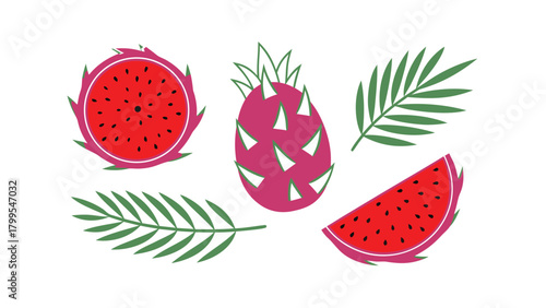 Dragon Fruit Halves Whole Fruit and Slice with Green Palm Leaves pitaya tropical fruit