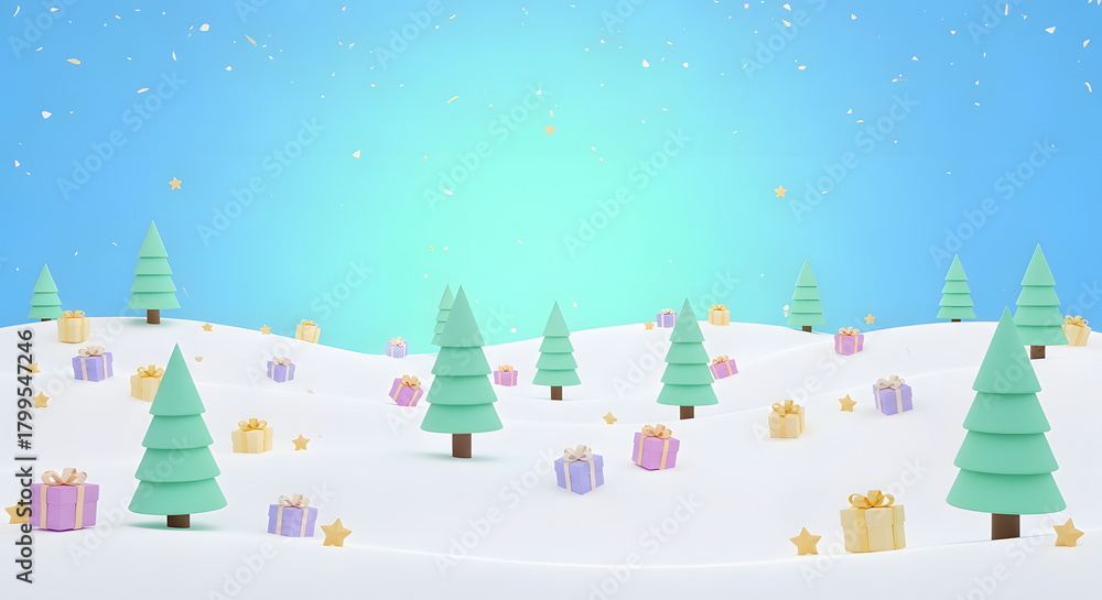 Obraz premium Cute Minimal 3D Winter Landscape with Pastel Colored Christmas Trees Gifts and Snow Scene Background Illustration Banner
