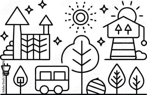 Vector line art icons of city life and nature elements collection