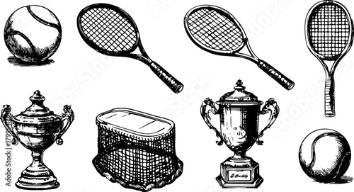 Tennis equipment including a ball, rackets, and a trophy in classic sketch style. A set of hand-drawn vector illustrations for sports enthusiasts.