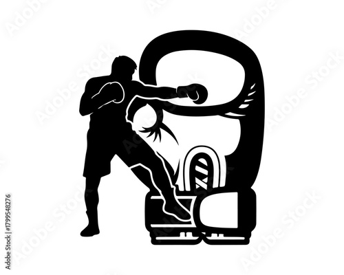 Dynamic silhouette illustration of a boxer throwing a powerful punch, integrated with a large boxing glove, depicting strength, fitness, and combat sports