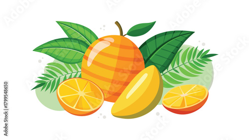 Orange fruit with leaves, slices, and wedge on white background citrus whole