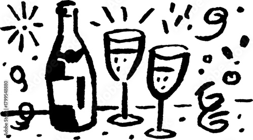 Champagne bottle and glasses for celebration. Simple vector illustration with a festive mood, designed as a set of graphic elements.