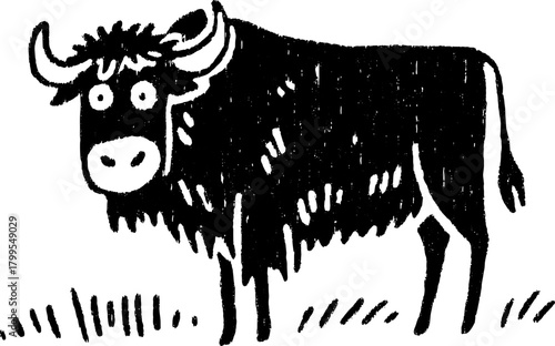 Black and white cow illustration. Simple and flat cartoon design in a rural setting, vector style.