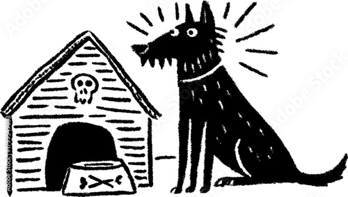 Black dog beside a simple doghouse. Cartoon vector illustration featuring a playful character design with bold lines and a creative style.