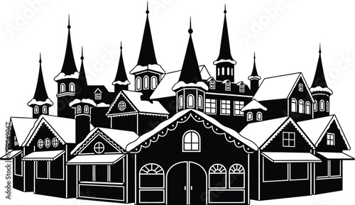 A whimsical winter village, adorned with snowcovered roofs and towering spires, evokes a sense of festive cheer and holiday magic
