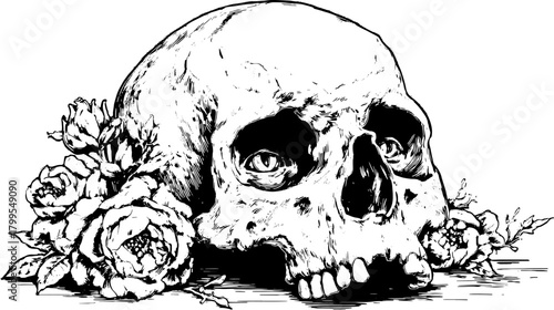 A skull illustrated with roses in black and white. This detailed vector illustration showcases a classic gothic style with intricate features.