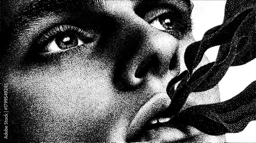 Engraving illustration featuring a vintage line drawing. Black and white vector set showcases detailed facial features and shadows.