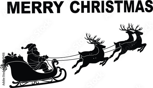 Merry christmas greeting card featuring santa claus riding in a sleigh with reindeer