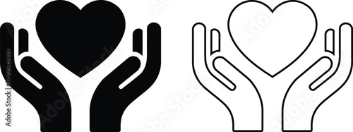 Heart in hand icons set. Caring hands holding heart icon. Love, Support, Health and Protection Symbol Flat Vector.