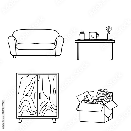 “Create a clean flat-design illustration divided into four quadrants. Show a rounded modern sofa in the upper left, a small table with a rice cooker and mug in the upper right, a wooden-patterned cabi