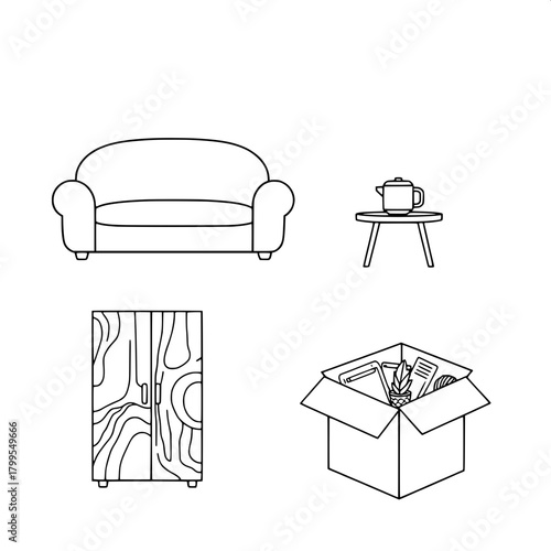 “Create a clean flat-design illustration divided into four quadrants. Show a rounded modern sofa in the upper left, a small table with a rice cooker and mug in the upper right, a wooden-patterned cabi