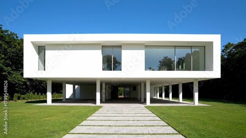 Stunning contemporary white house elevated on stilts with a long pathway leading to the entrance