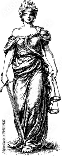 Lady Justice, a vintage engraving illustration, features a woman in classical robes holding a sword and scale. This vector art represents balance in the legal system.