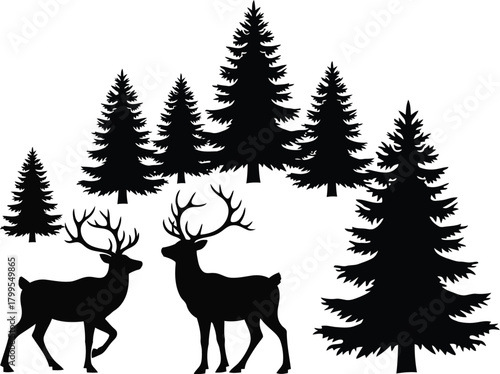 Silhouette of reindeer in a forest of pine trees, creating a winter wonderland scene for the holiday season