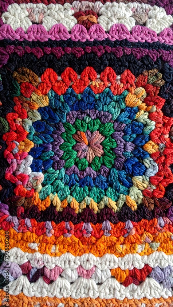 Obraz premium Close-up of a colorful, square, textured crochet piece
