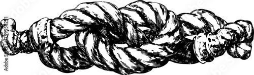 Knotted rope in vintage line drawing style. Black and white vector illustration showcasing detailed texture in a classic design set.