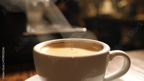 Close-up of a steaming hot cup of americano coffee in a cozy setting, perfect for mornings