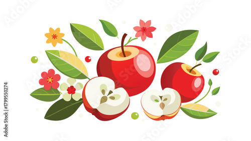 Red Apples with Green Leaves and Colorful Flowers on White Background fruit whole apple