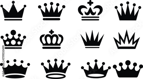Royal Crown Icons Collection. Black and white King, Queen, and Majestic Symbol Vector Set.