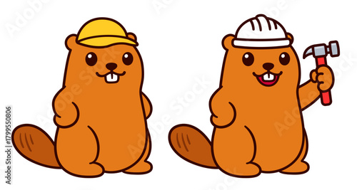 Cute cartoon construction worker beaver, mascot character with yellow cap and hammer and hard hat. Isolated vector clip art illustration.