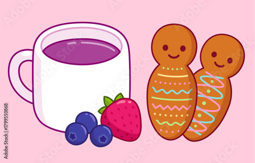 Guagua de pan (bread doll) and Colada morada drink, Día de los Difuntos (Day of the Dead) tradition in Ecuador. Cute cartoon vector illustration.