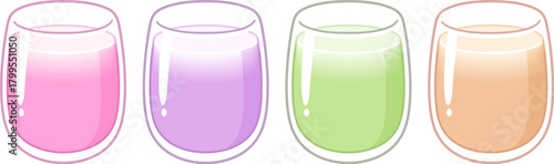 Pink, purple, matcha latte glasses. Novelty coffee smoothie drinks, cute cartoon drawing set. Isolated vector illustration.